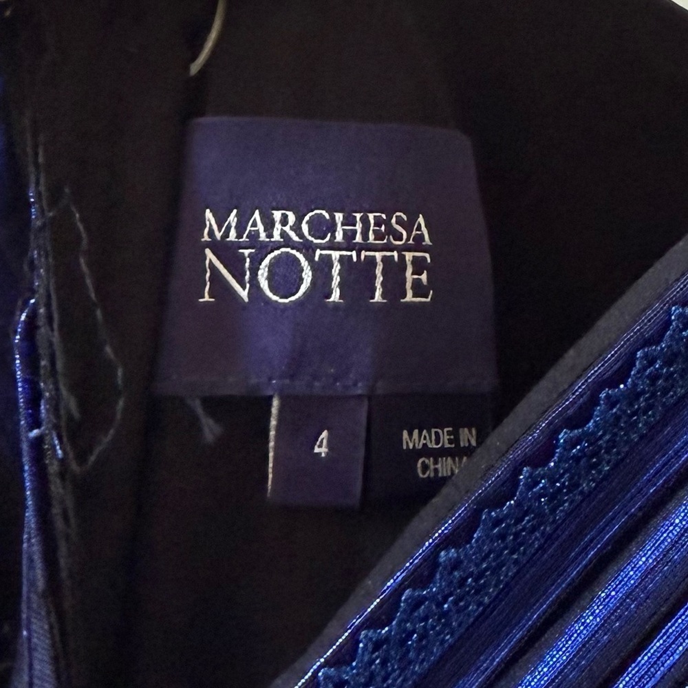 MARCHESA NOTTE Pleated Metallic Midi Dress Blue Sz 4 - Picture 6 of 7